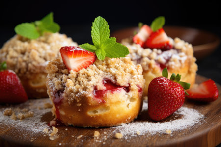 Sweet buns with the addition of strawberries and butter crumble, close up.の素材