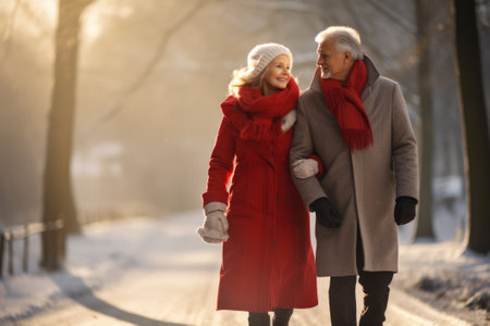Senior couple in winter nature.の素材