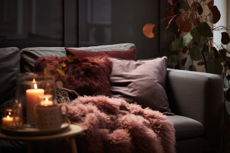 Hygge Interiors: A snug living room corner, adorned with plush cushions and woolen throws.の素材