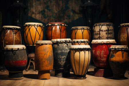 Collection of ancient vintage wooden drums. Oriental musical instruments.の素材