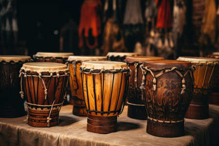 Collection of ancient vintage wooden drums. Oriental musical instruments.の素材