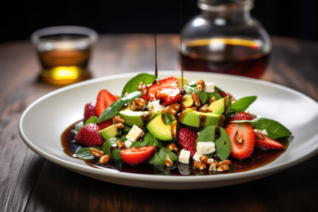 Strawberry salad with spinach, feta cheese, avocado, balsamic vinegar and olive oil in a plate.の素材