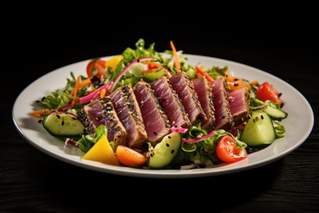 Traditional salad with pieces of medium-rare grilled ahi tuna and sesame with fresh vegetable salad.の素材