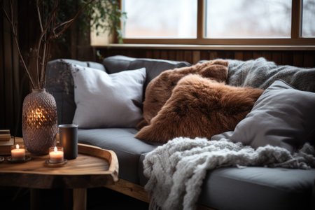 Hygge Interiors: A snug living room corner, adorned with plush cushions and woolen throws.の素材