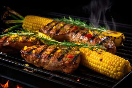 Hot barbecue meat and cornの素材