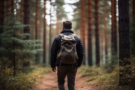 Man with backpack is walking along a forest pathの素材