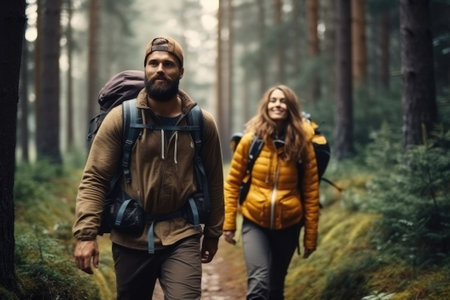 Happy young people friends backpackers walk along a path in a pine forest.の素材