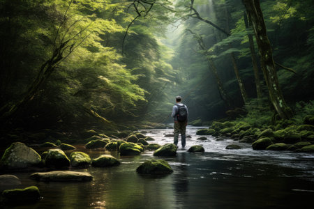 A fly fisherman fishing up a small creek in the great mountain forest.の素材
