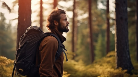 Man with backpack is walking along a forest pathの素材