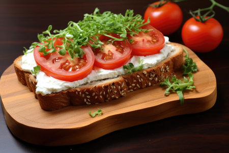 Sandwich with cream cheese and tomato.の素材