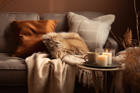 Hygge Interiors: A snug living room corner, adorned with plush cushions and woolen throws.の素材