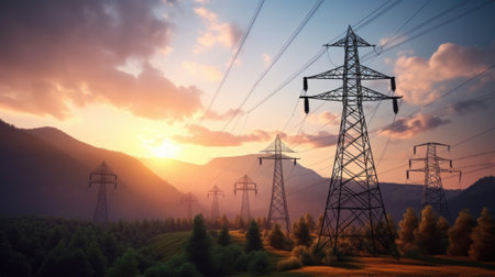 High voltage power pylon in the mountains at sunset cloudy sky mountain background.の素材