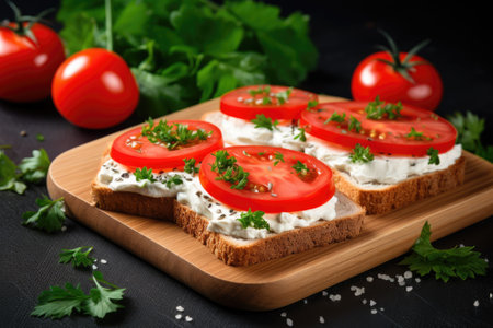 Sandwich with cream cheese and tomato.の素材