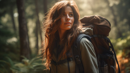 Traveler woman with a backpack walks along in a pine forest pathの素材