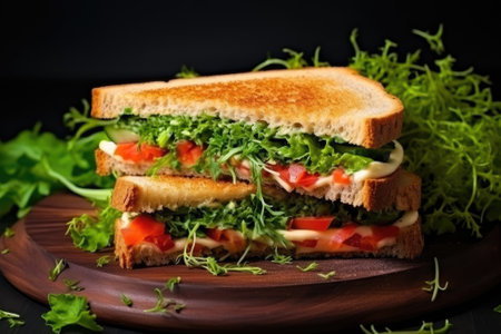 Sandwiches with cheese, tomatoes, lettuce, onion.の素材