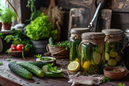 Glass jars with pickled cucumbers. Marinated pickled cucumbers.の素材