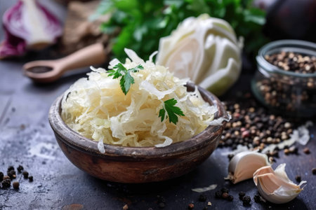 Fresh pickled sauerkraut cabbage with ingredients in bowlの素材
