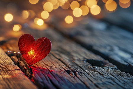 Red heart on wood with light on background.の素材