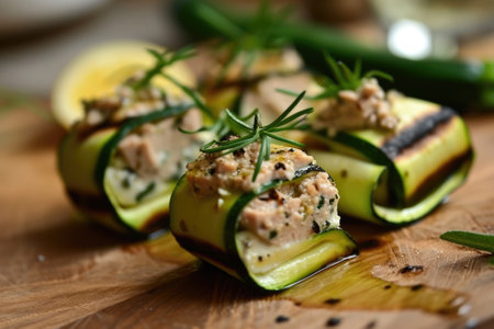 Grilled zucchini rolls with tuna and cream cheese.の素材