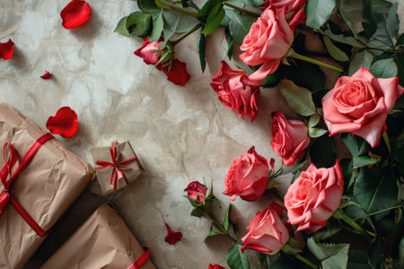 Rose flowers with presents on table from above with copy space. Happy Valentines day and love decoration concept.の素材