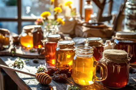 Honey of various types in glass jars.の素材