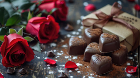 Red roses and box of chocolates for romance and valentines day giftsの素材