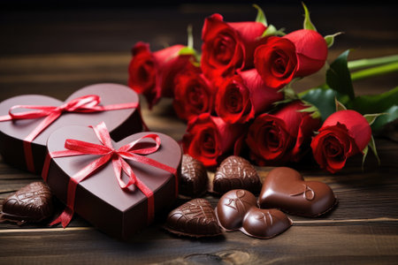 Red roses and box of chocolates for romance and valentines day giftsの素材