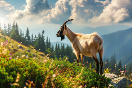 Beautiful summer landscape with a goat.の素材