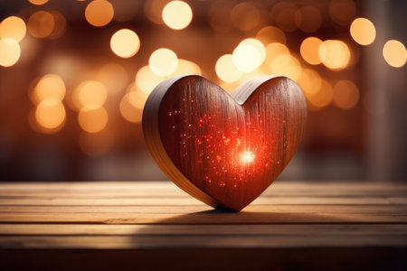 Red heart on wood with light on background.の素材