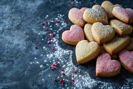 Heart-shaped cookies for valentines day with copy space.の素材