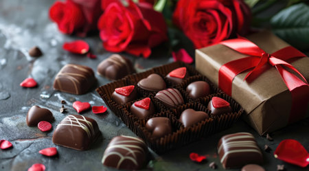 Red roses and box of chocolates for romance and valentines day giftsの素材