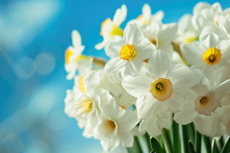 A close up shot of beautiful white narcissus bouquet with blue skyの素材