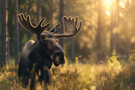 Close-up of moose in a summer forest, morning sunlight.の素材