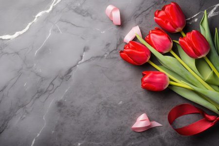 Happy Valentines day and love decoration concept. Fresh tulips bouquet and gift boxの素材