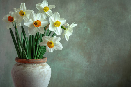 Blooming white daffodils in a decorative home vase.の素材