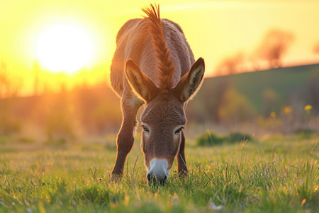 Cute donkey grazes on a green meadow under the setting sun.の素材