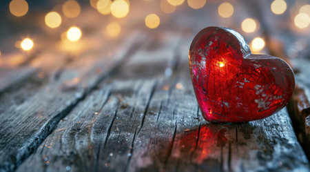 Red heart on wood with light on background.の素材