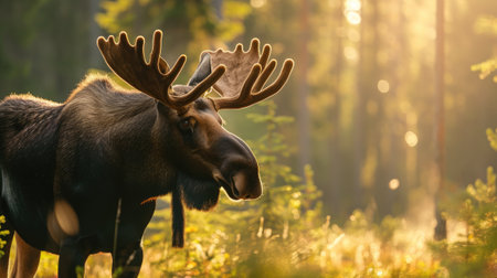 Close-up of moose in a summer forest, morning sunlight.の素材