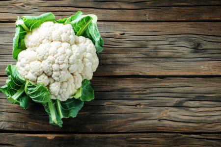 Fresh raw cauliflower on wooden table, top view. Space for text.の素材
