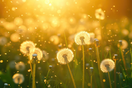 Beautiful dandelion flower with shallow focus in springtime, natural spring background. Blooming meadowの素材