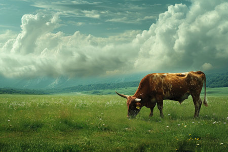 Horned cow grazing in green meadow.の素材