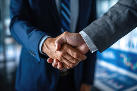 Closeup of businessman shaking hands with charts and graphs in background,の素材