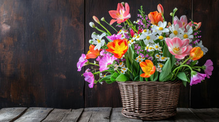 Spring flowers in basket on dark wooden background.の素材