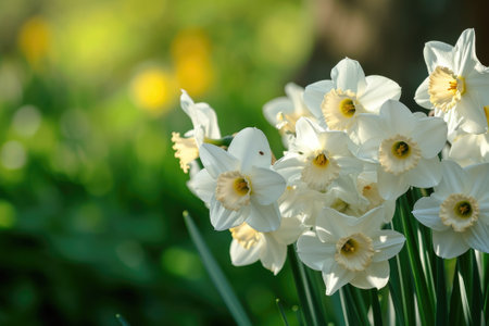 White daffodils in a flower garden in spring.の素材