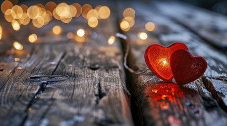 Red heart on wood with light on background.の素材