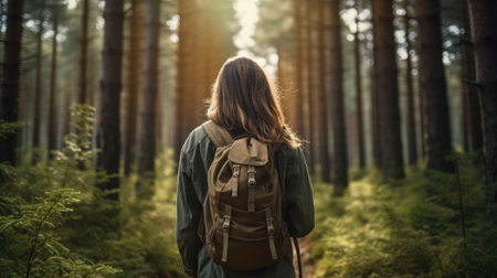 Traveler woman with a backpack walks along in a pine forest pathの素材