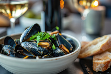 A delicious bowl of black mussels with white wine.の素材