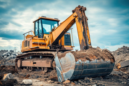 Heavy construction hydraulic equipment during earthmoving works.の素材