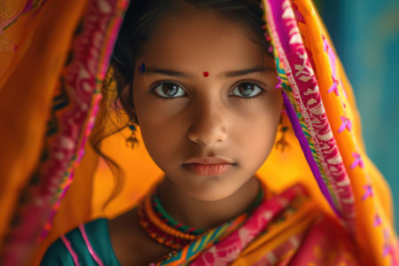 Indian woman wearing vibrant traditional saree.の素材