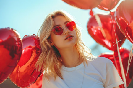 Young woman holding balloons. Happy birthday. Balloon partyの素材